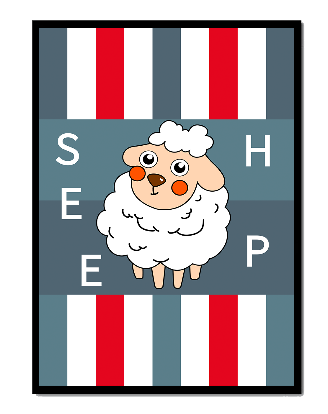 Playful sheep illustration on striped background