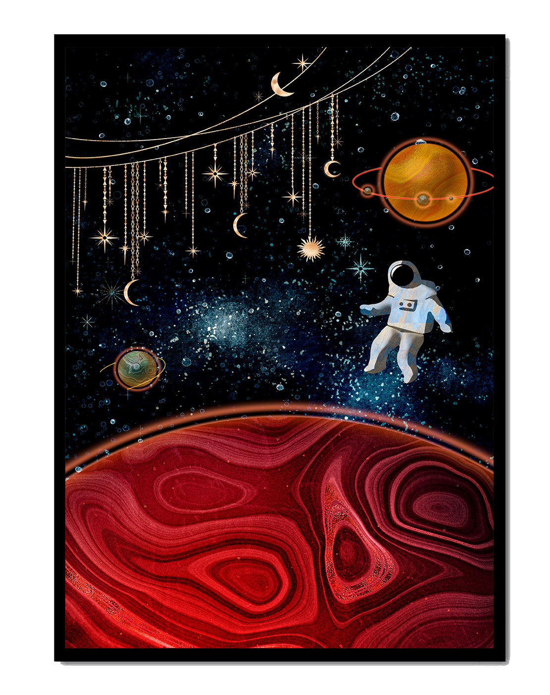 Surreal space scene with astronaut and celestial elements