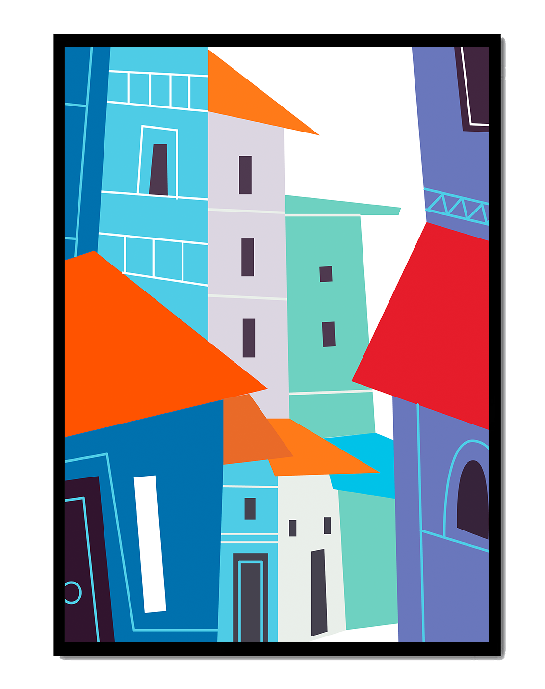 Colorful abstract cityscape with geometric buildings