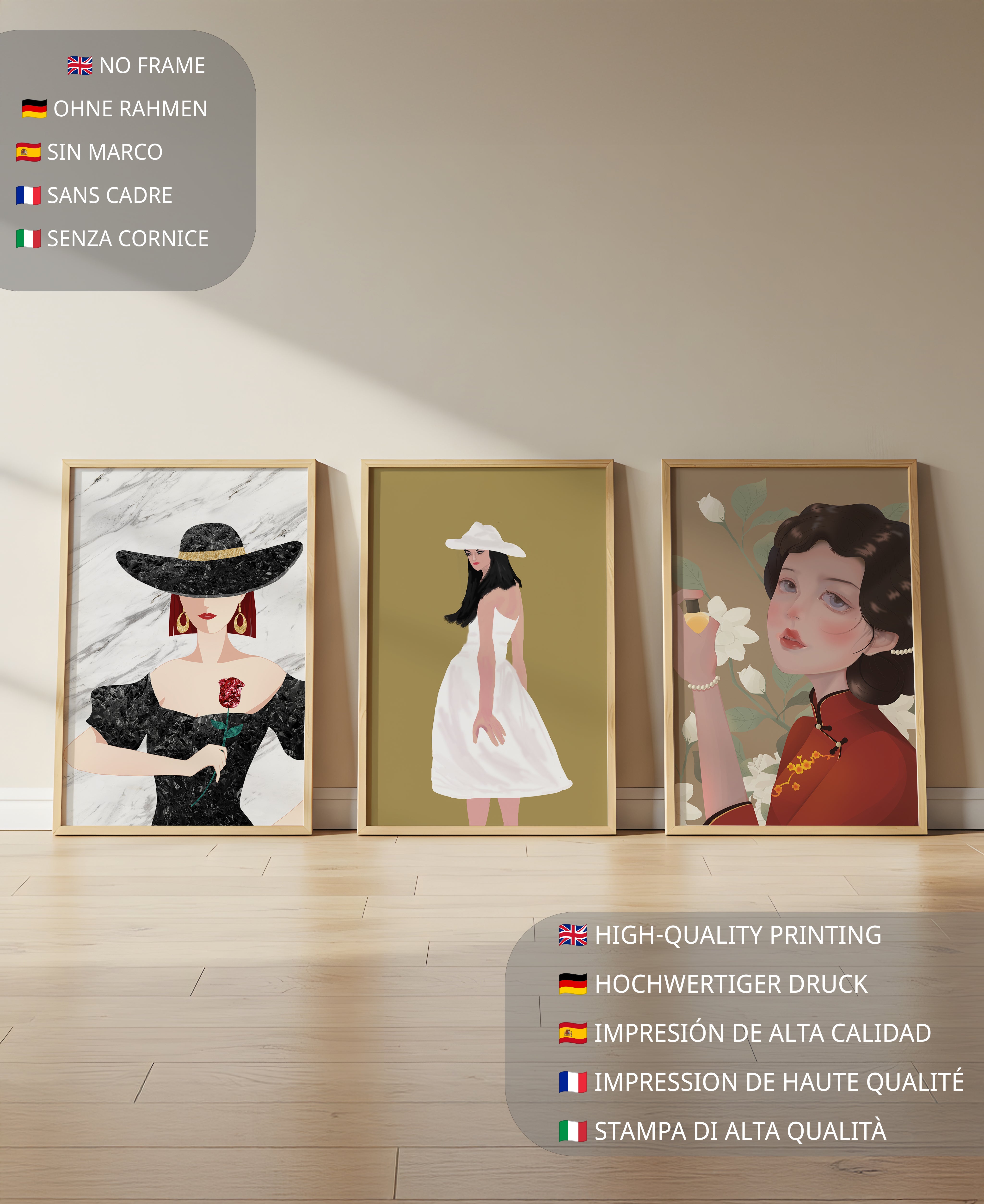 Pared Con Tres Lienzos de Mujeres en Sombreros Sin Marco