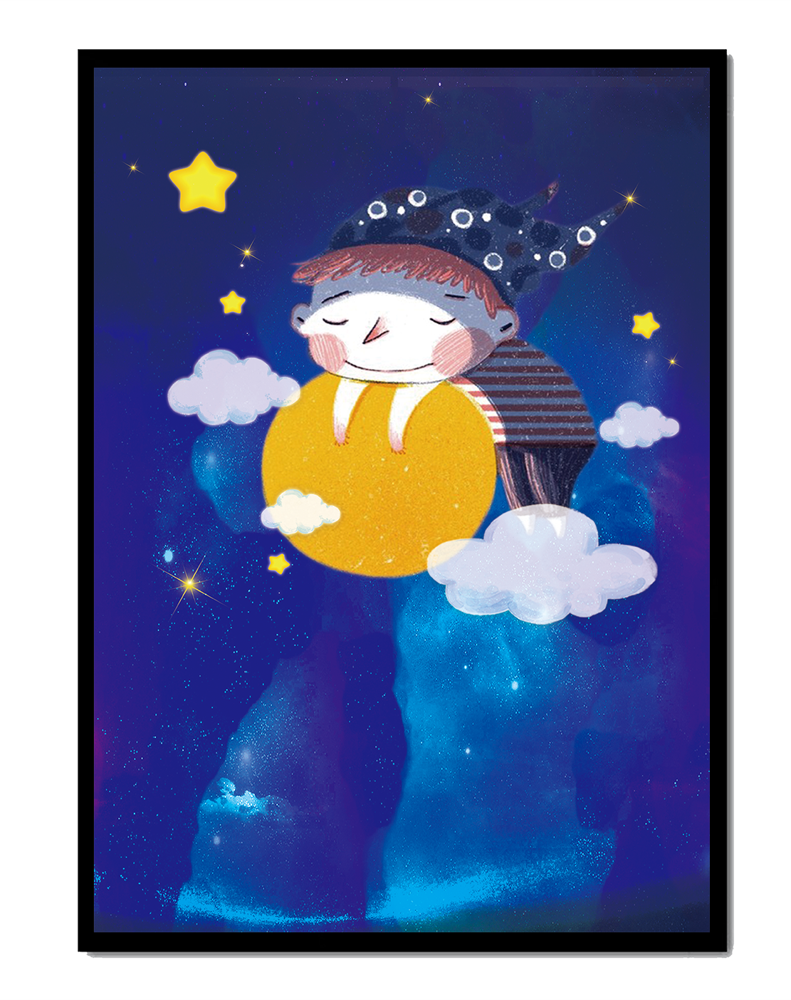 Dreamy Nighttime Scene with a Child Hugging the Moon