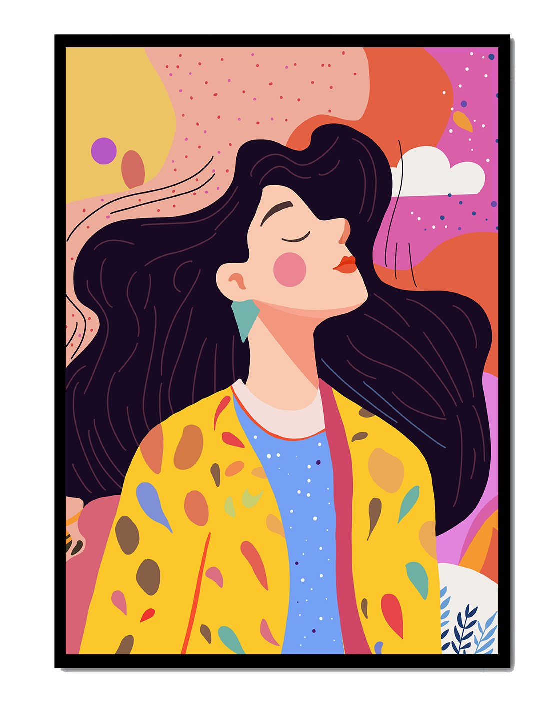 Ilustración colorida de una mujer en estilo artístico con fondo vibrante