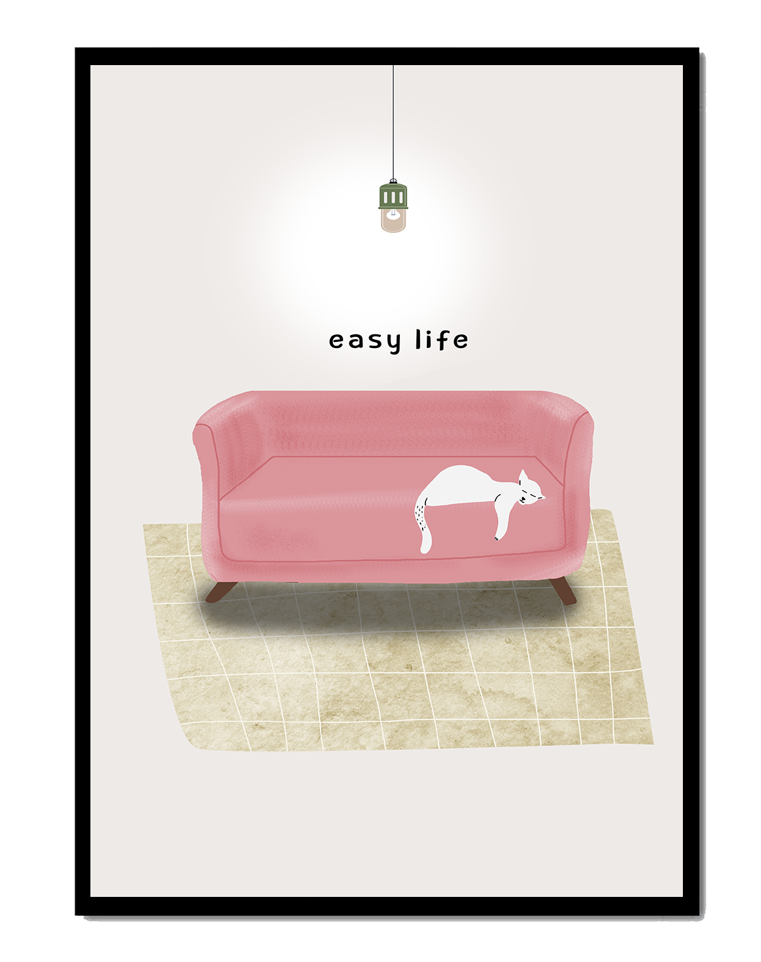 Minimalist Interior with Pink Sofa and Relaxed White Cat