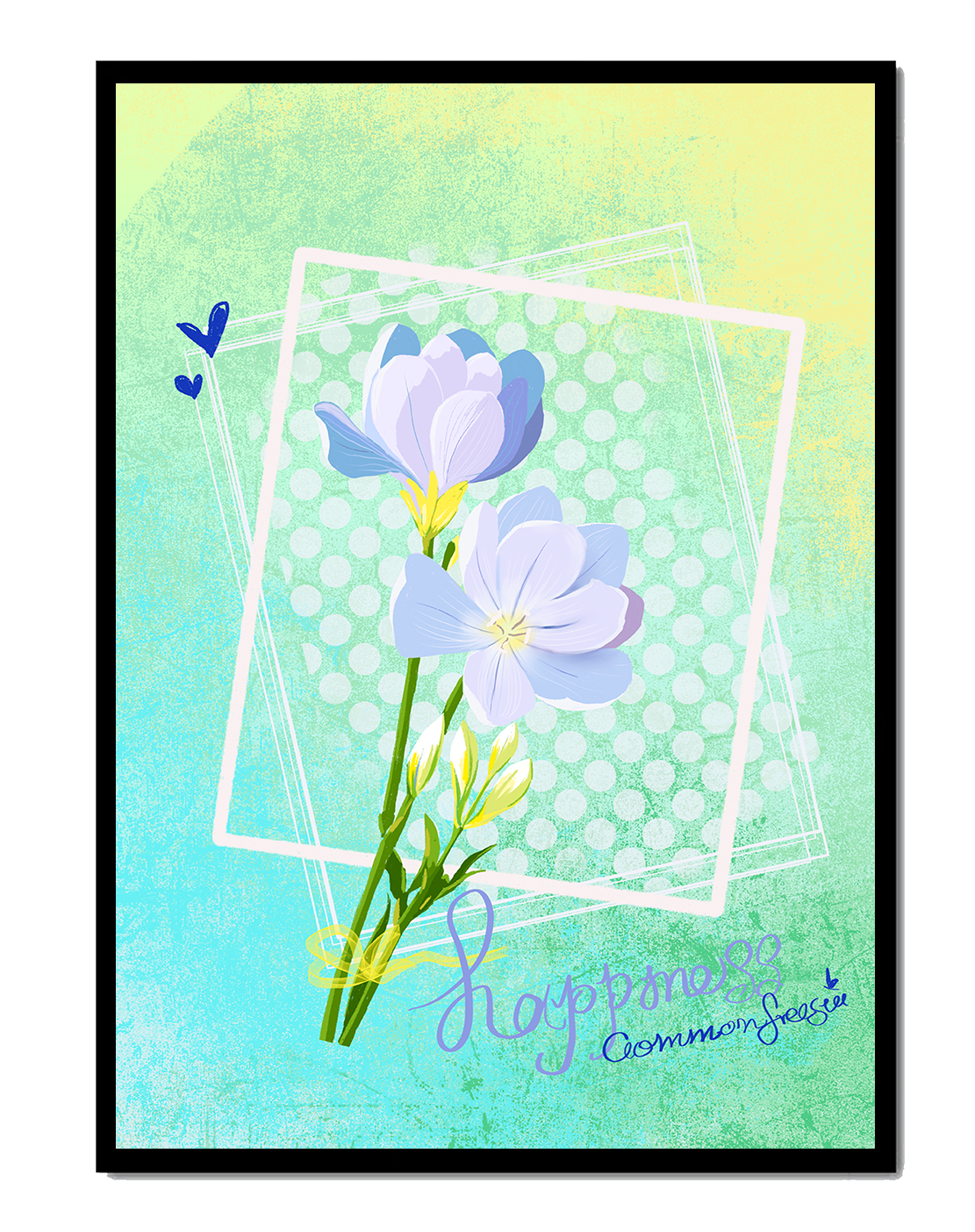 Ilustración floral delicada con colores pastel y lunares