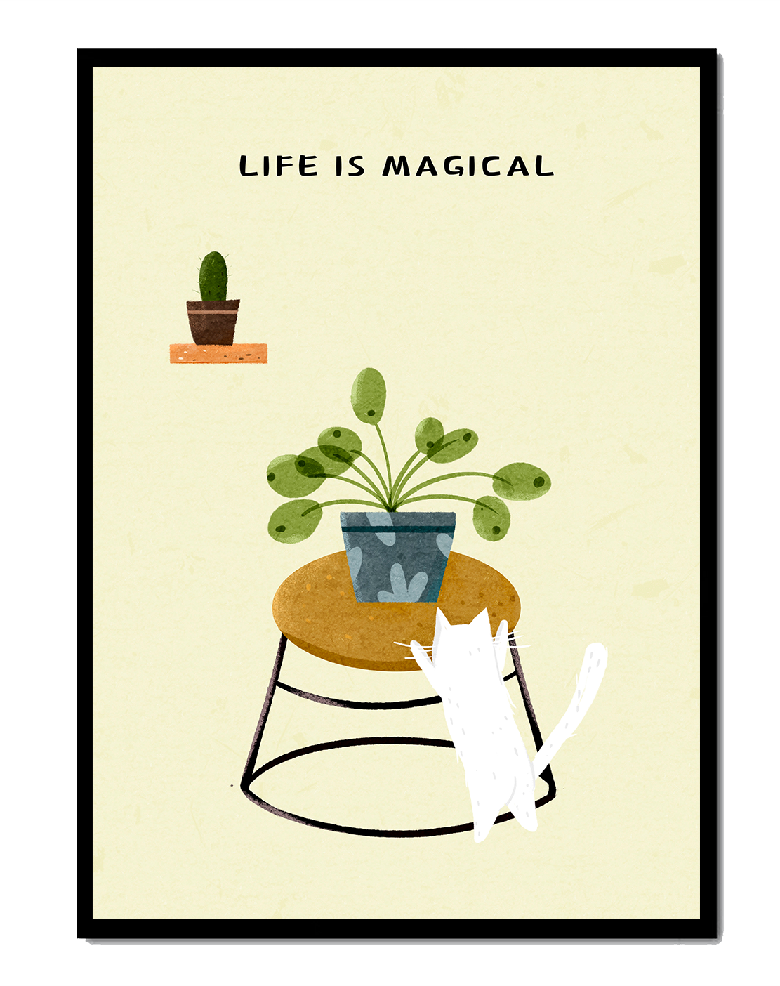 Ilustración encantadora de un gato con planta y mensaje inspirador