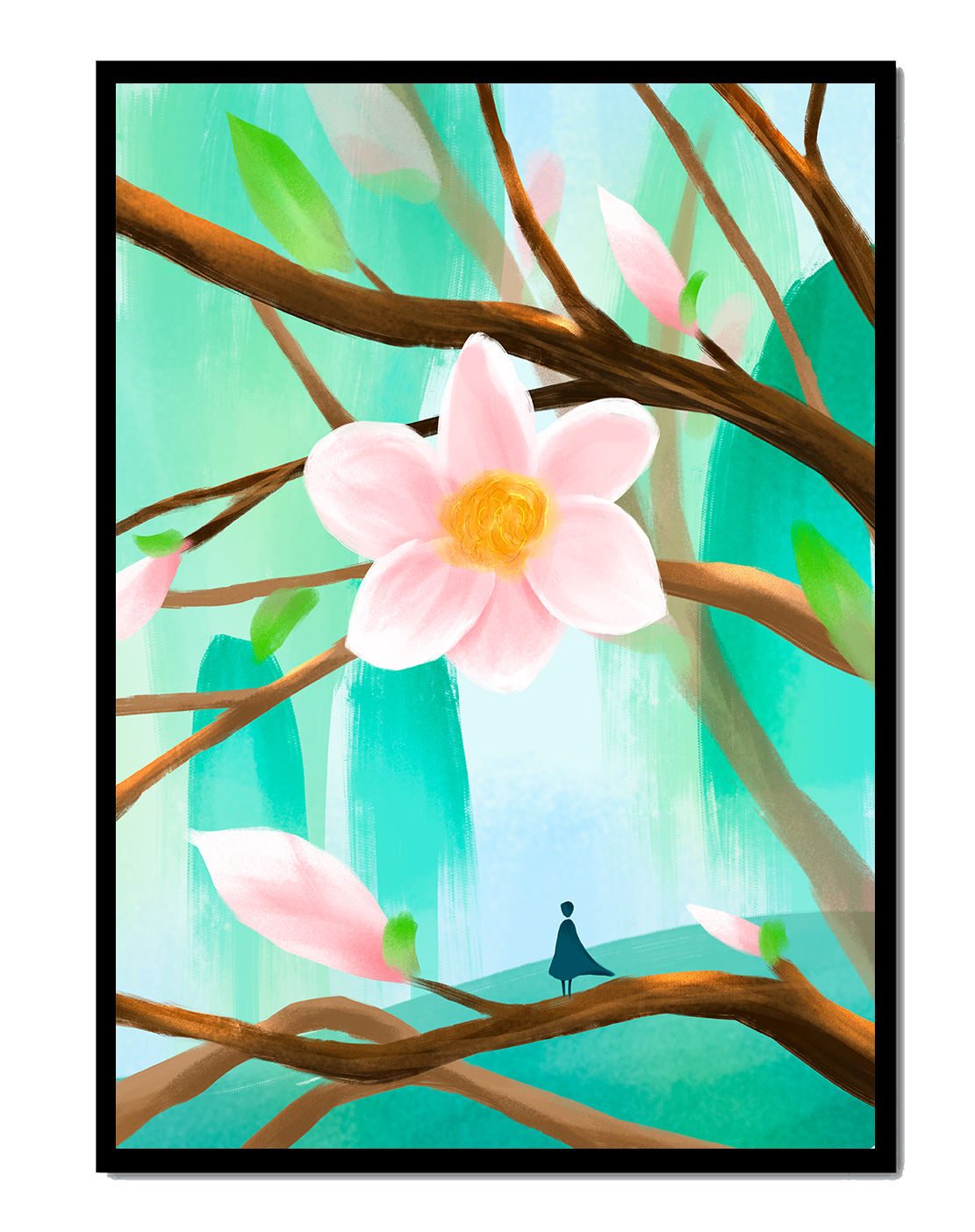 Serene floral artwork with large pink flower on tree branches