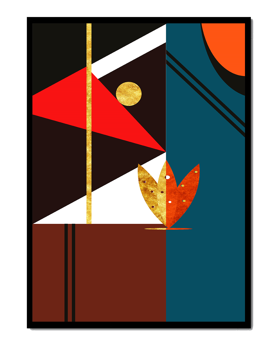 Geometrische abstrakte Kunst mit Gold und kräftigen Formen