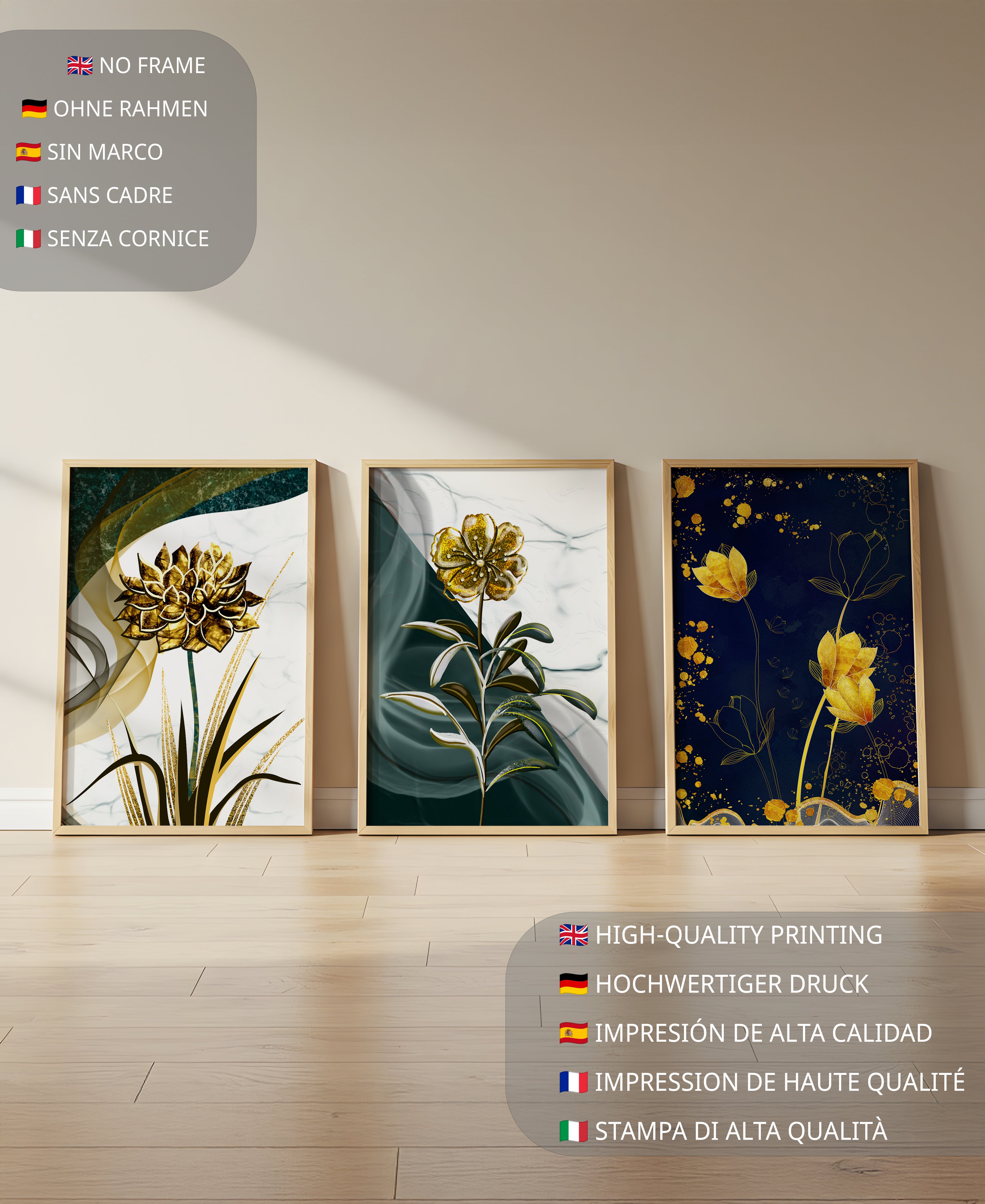 Conjunto de Impresiones de Flores Doradas y Verde Oscuro en Pared de Madera