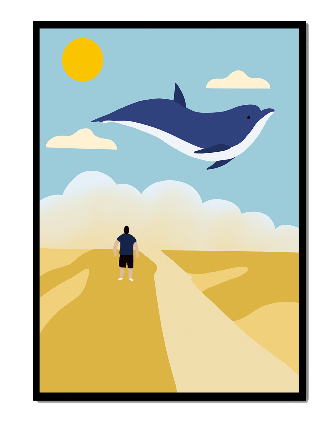 Paisaje surrealista con ballena azul voladora y humano en camino desértico