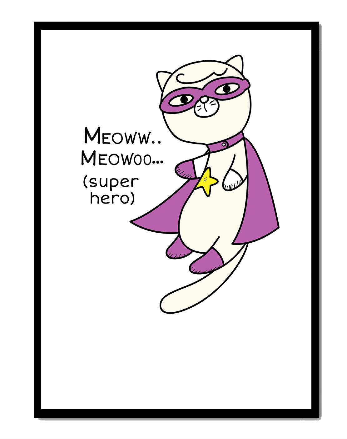 Superhero cat illustration with comic-style text - Mi tienda