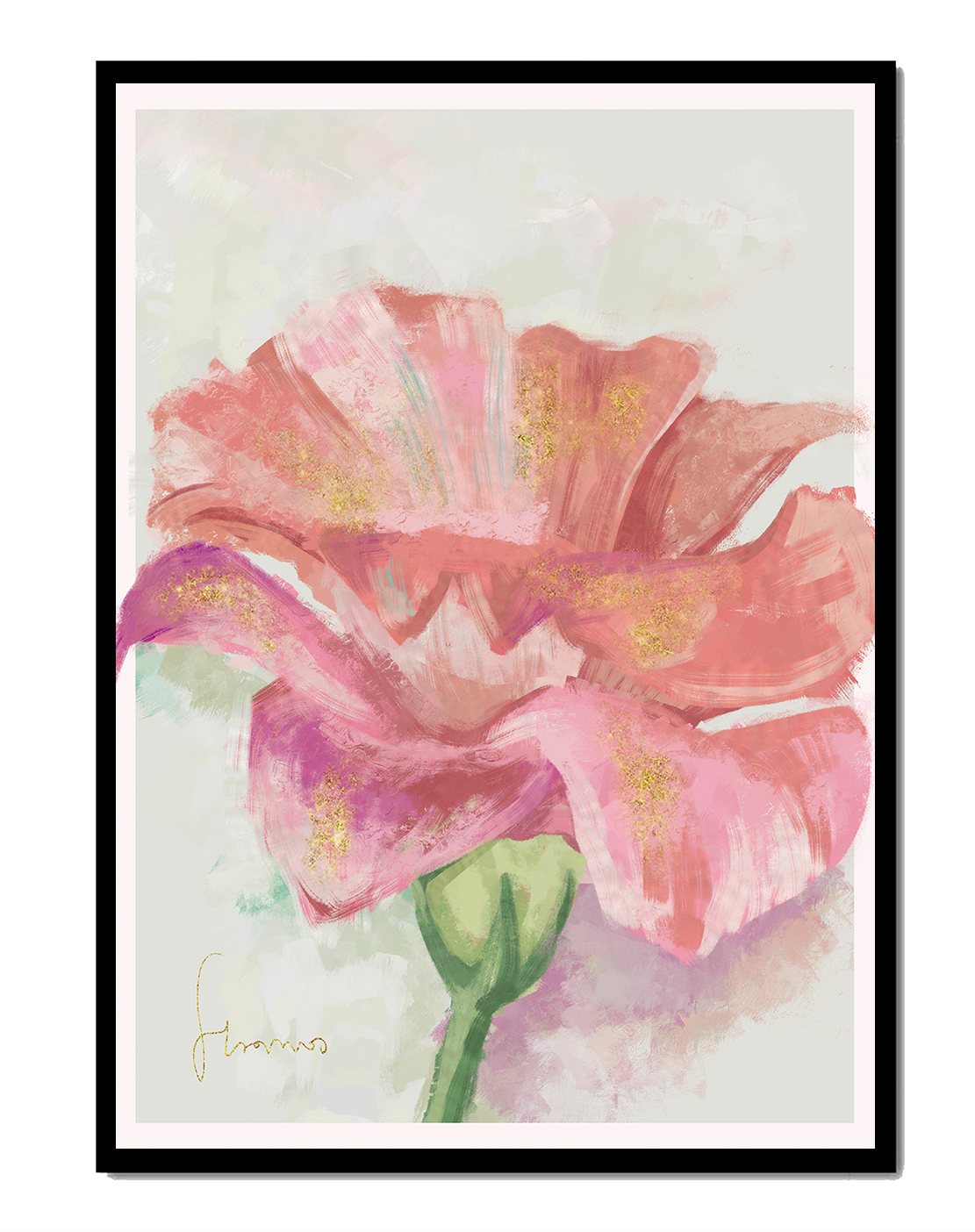Vibrant pink flower with golden accents in abstract style