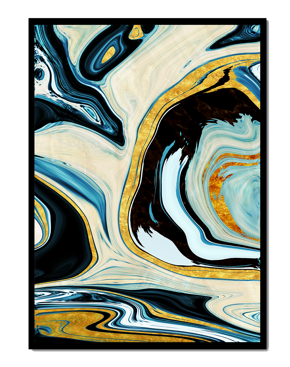 Abstract Marble Art with Gold Accents in Blue and Black Swirls
