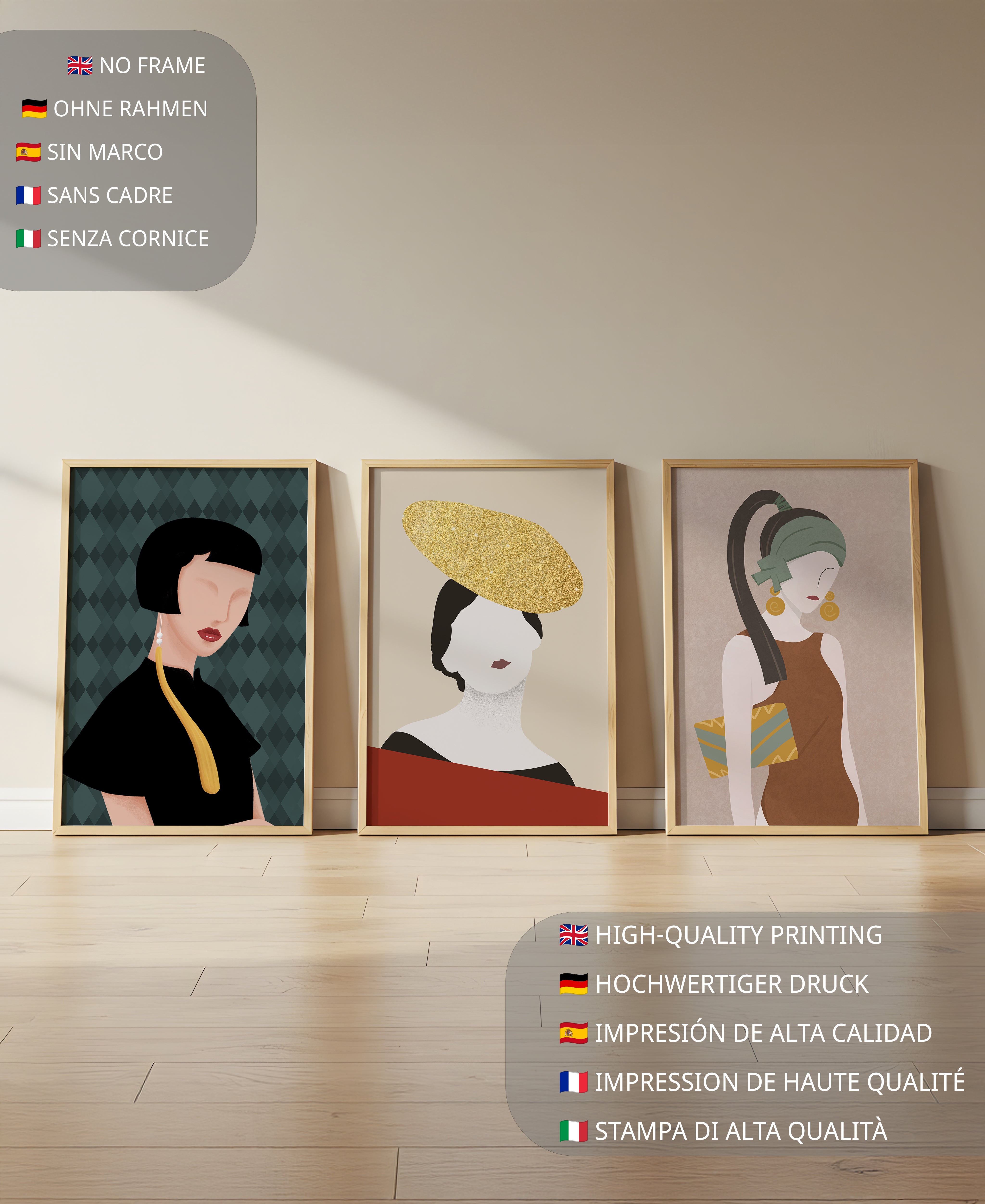 Trio de portraits modernes avec lignes douces et chapeaux exubérants