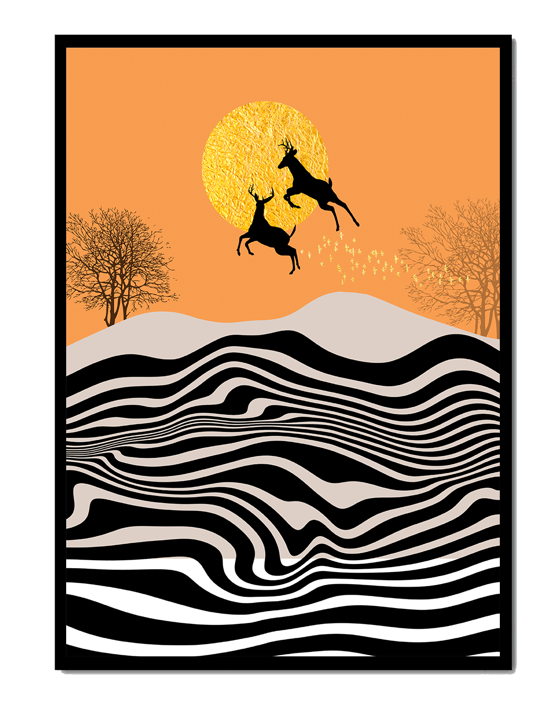 Paisaje abstracto con ciervos saltando y sol dorado