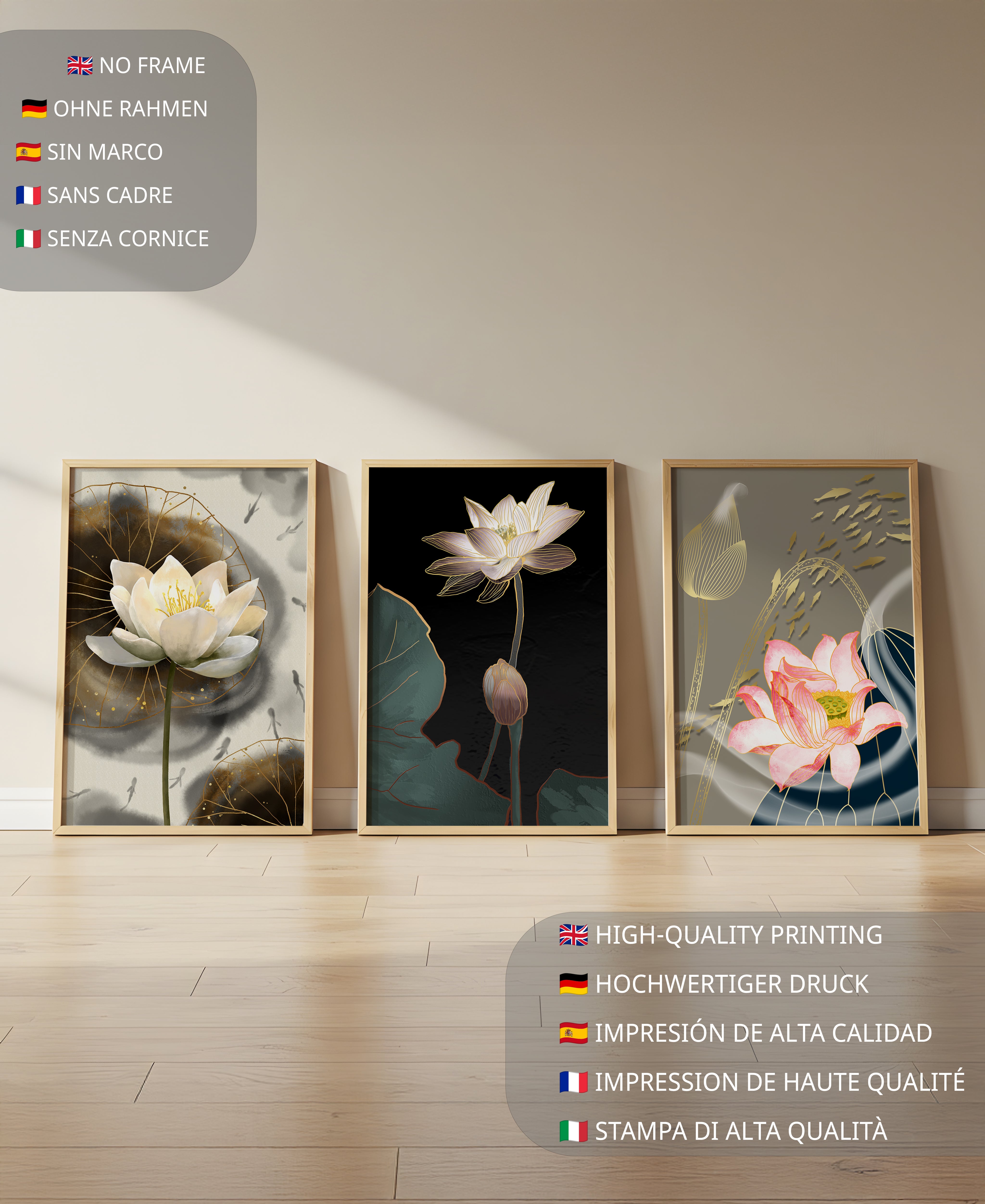 Impressions élégantes de fleurs de lotus avec finition dorée