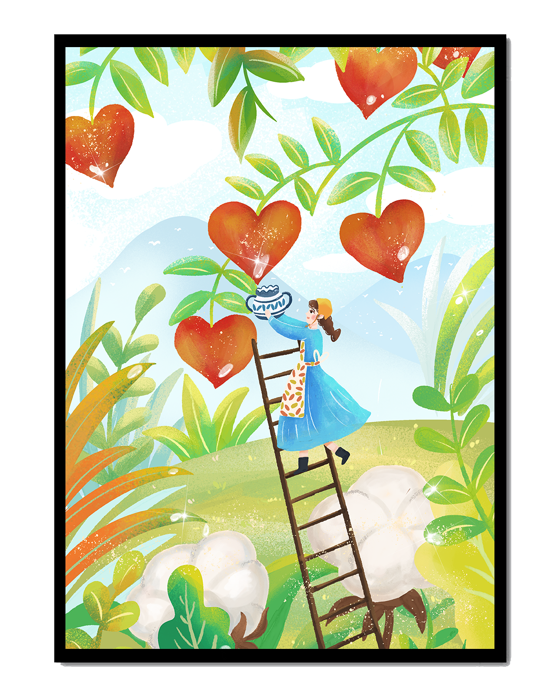 Mujer recolectando frutas en forma de corazón en el vibrante campo