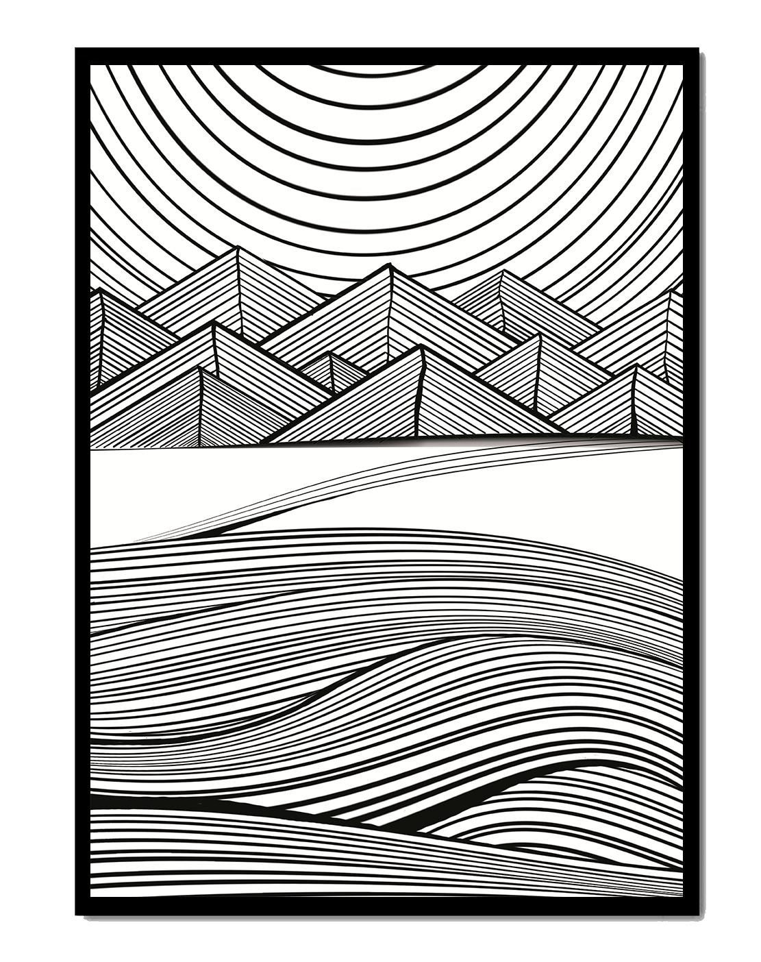 Abstract Black and White Geometric Landscape with Line Art
