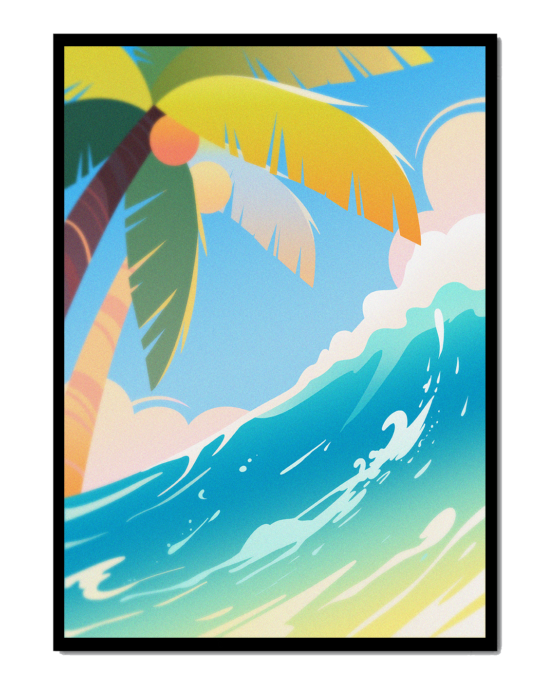 Vibrant Tropical Beach Scene with Palm Tree and Ocean Wave