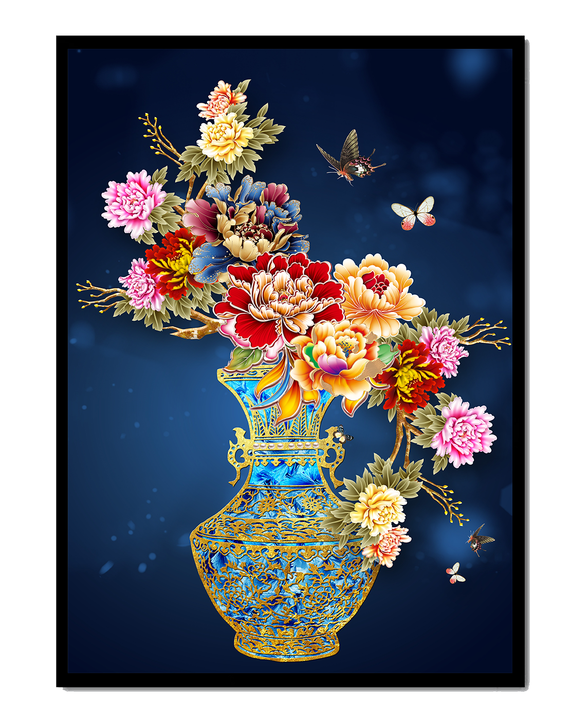 Elegant floral arrangement in ornate gold-accented vase with butterflies