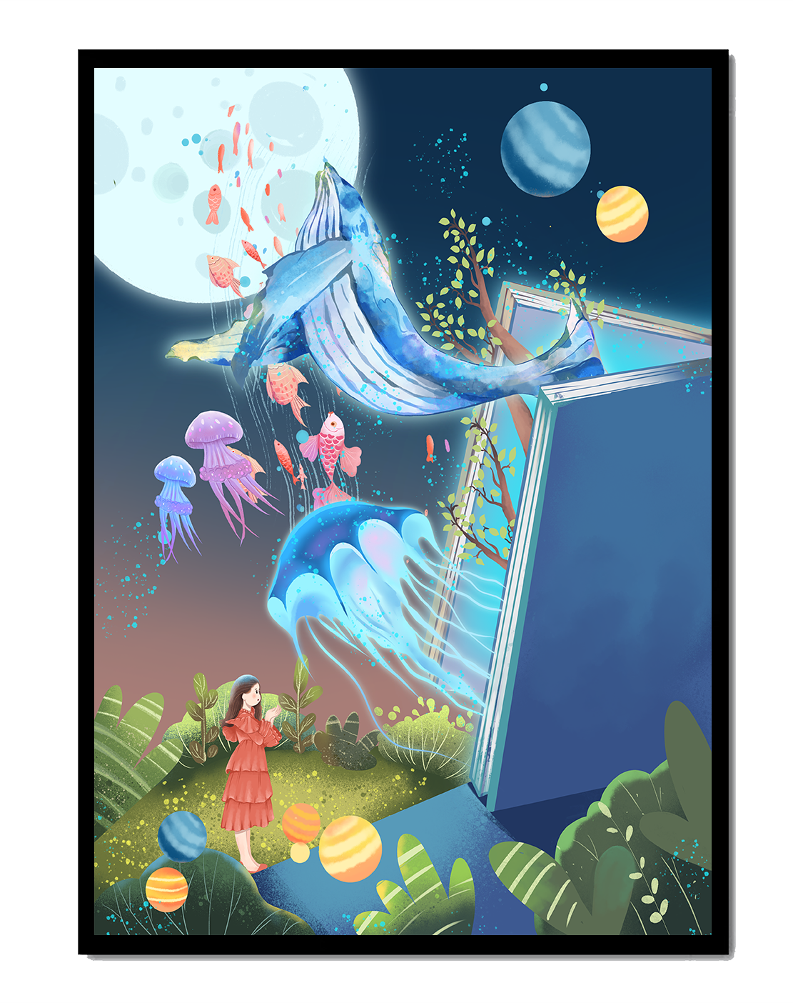 Surreal Ocean Life Emerging From a Book in a Dreamlike Forest Scene