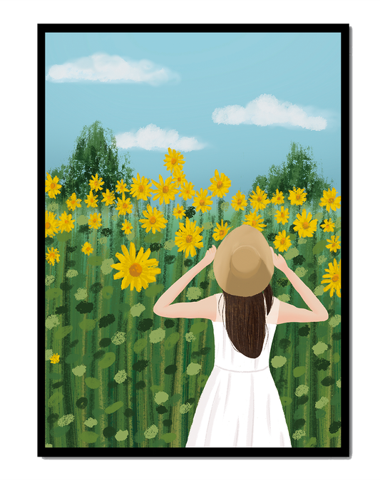Mujer con vestido blanco admirando un campo de girasoles