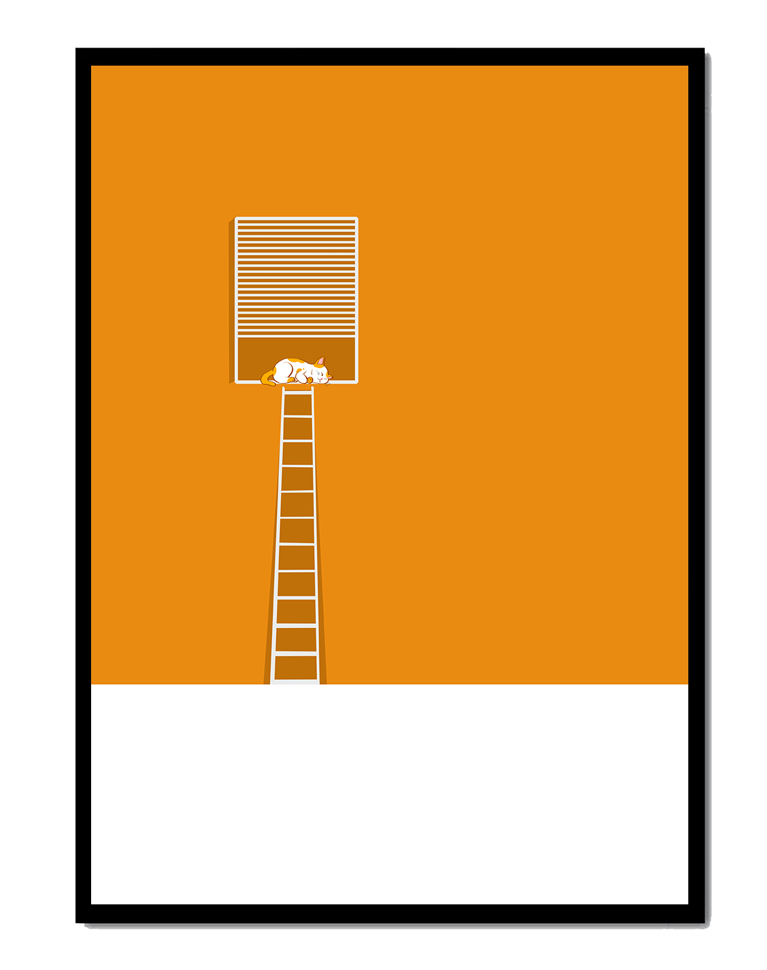 Cat Sleeping on Elevated Platform Against Orange Background