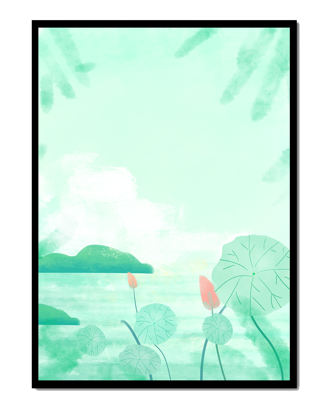 Paisaje de acuarela verde con nenúfares y colinas