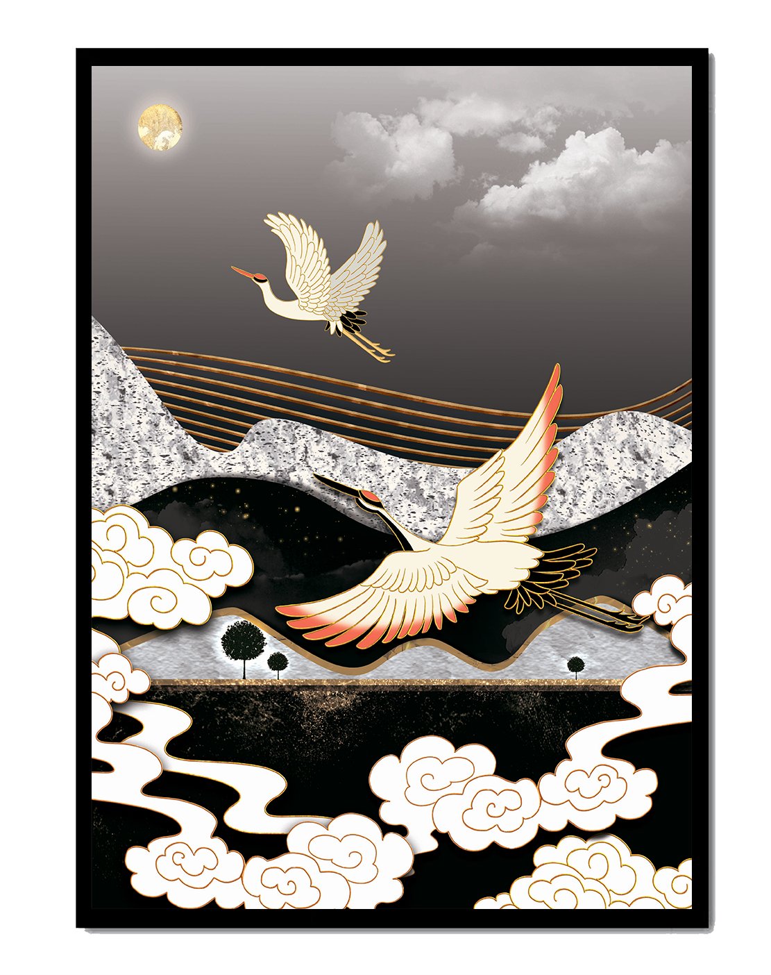 Grue eleganti in un paesaggio al chiaro di luna con accenti dorati