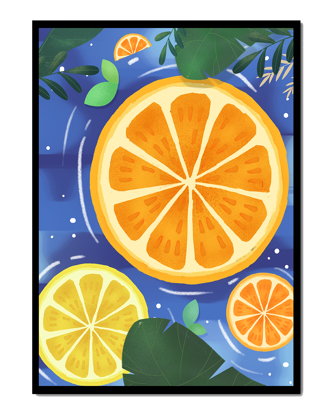 Rodajas de cítricos coloridas sobre fondo azul con hojas tropicales