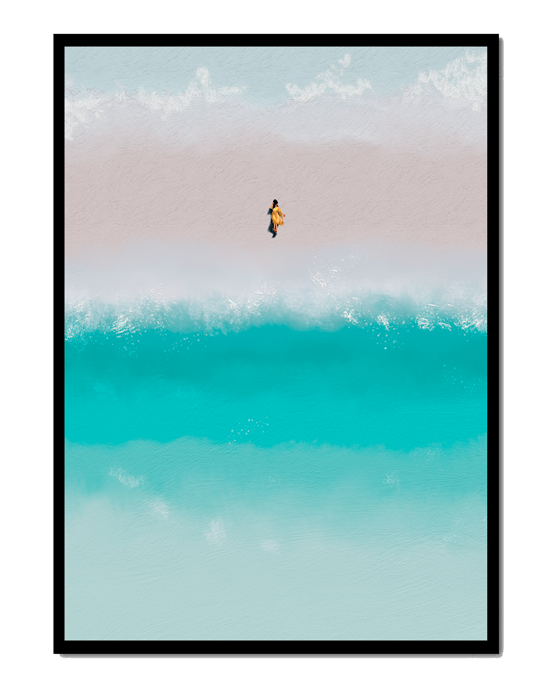 Serene beach with turquoise waves and solitary figure