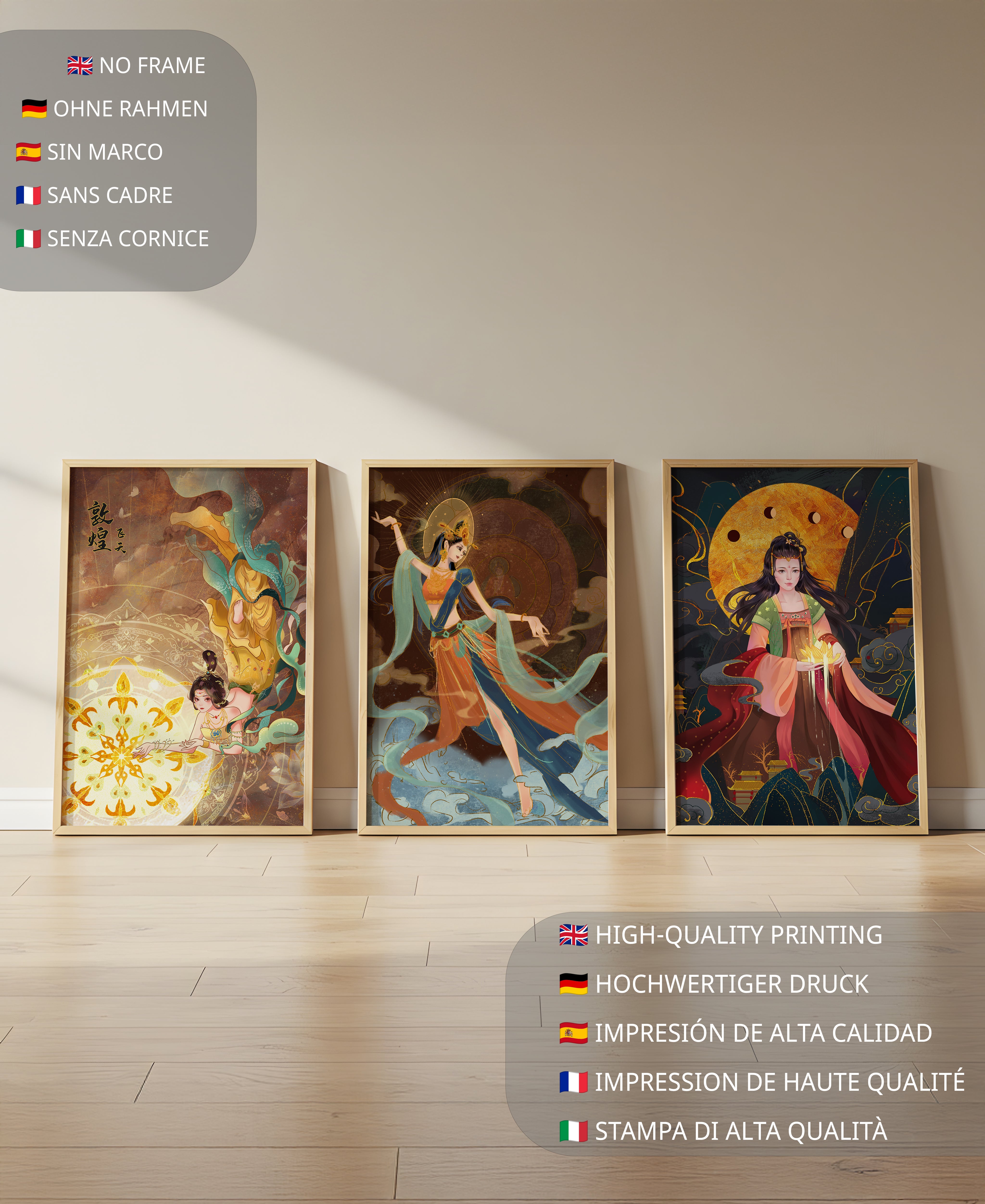 Impressions d’art asiatique avec des figures féminines et des éléments dorés