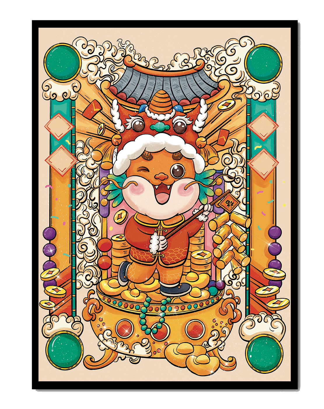 Ilustración colorida de un animal lindo en atuendo festivo tradicional con elementos dorados