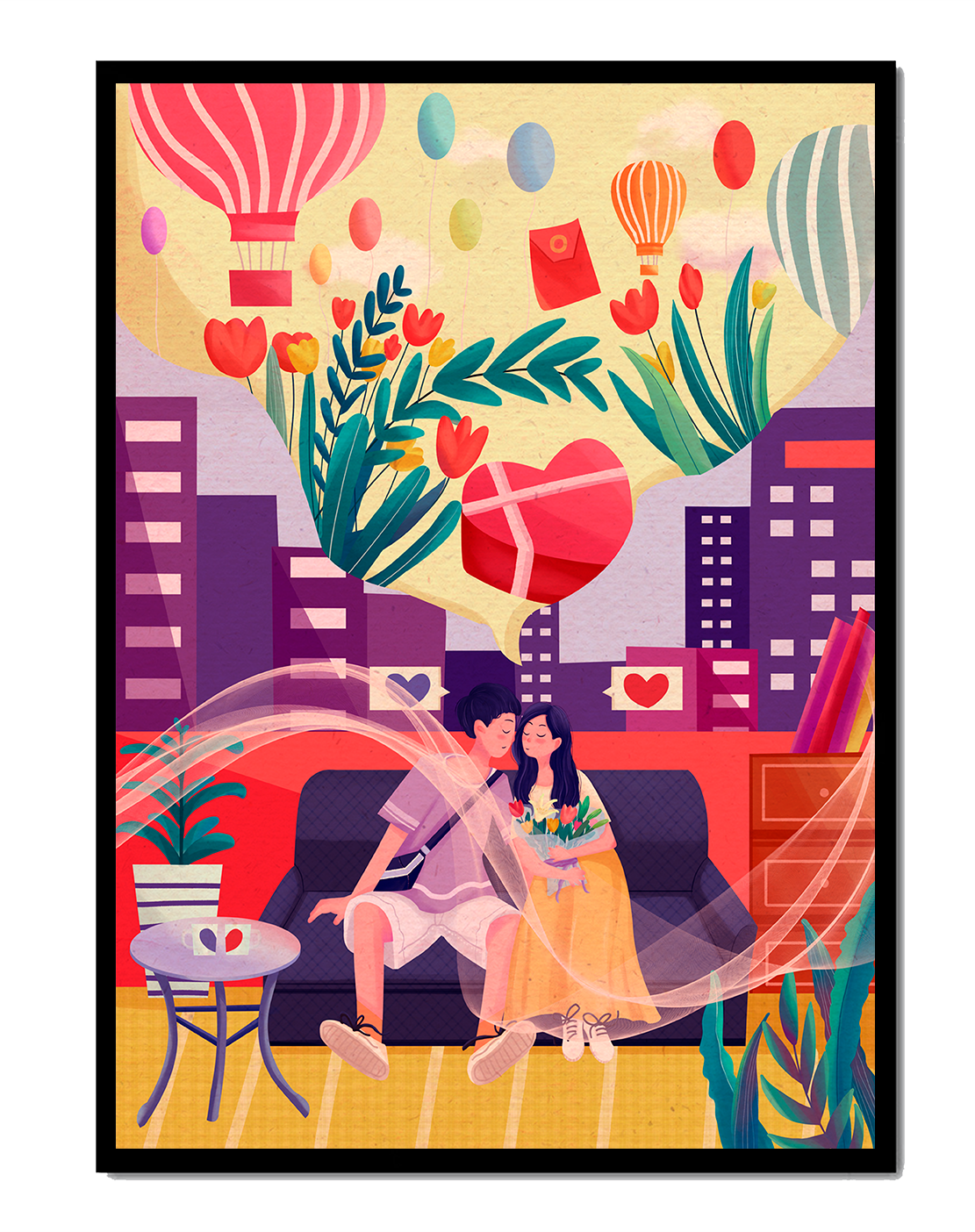 Romantic couple on a sofa with hot air balloons and floral decor in urban outdoor scene