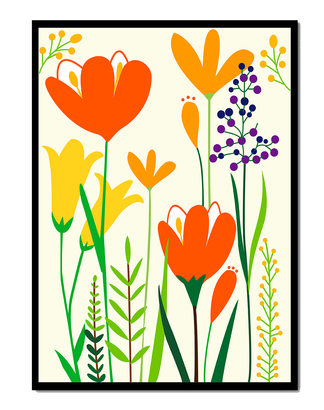 Bright Floral Illustration with Orange, Yellow, and Purple Flowers in Bold Colors
