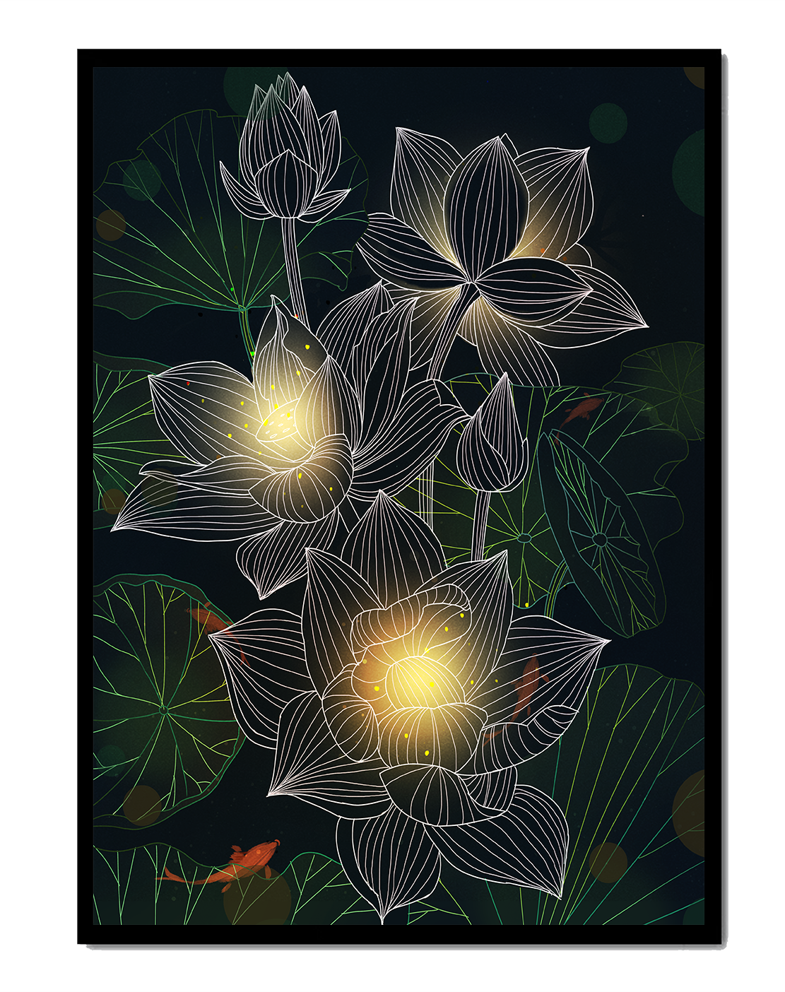 Flores de loto con detalles luminosos y peces koi bajo el agua