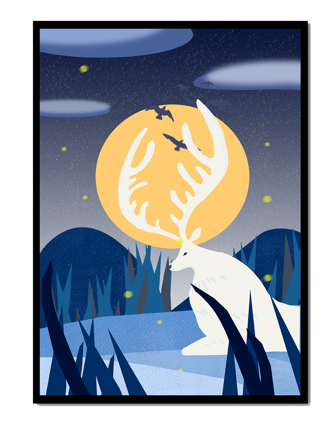 Ciervo blanco con astas bajo el cielo iluminado por la luna y pájaros volando