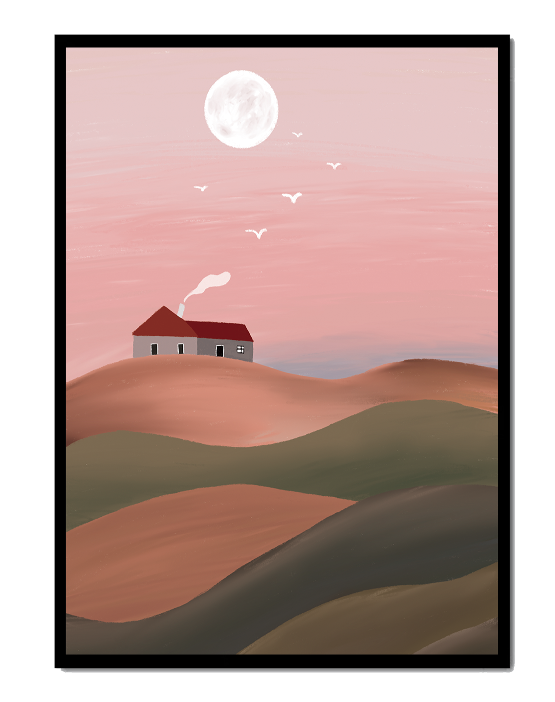 Casa en una colina rosa bajo la luna llena