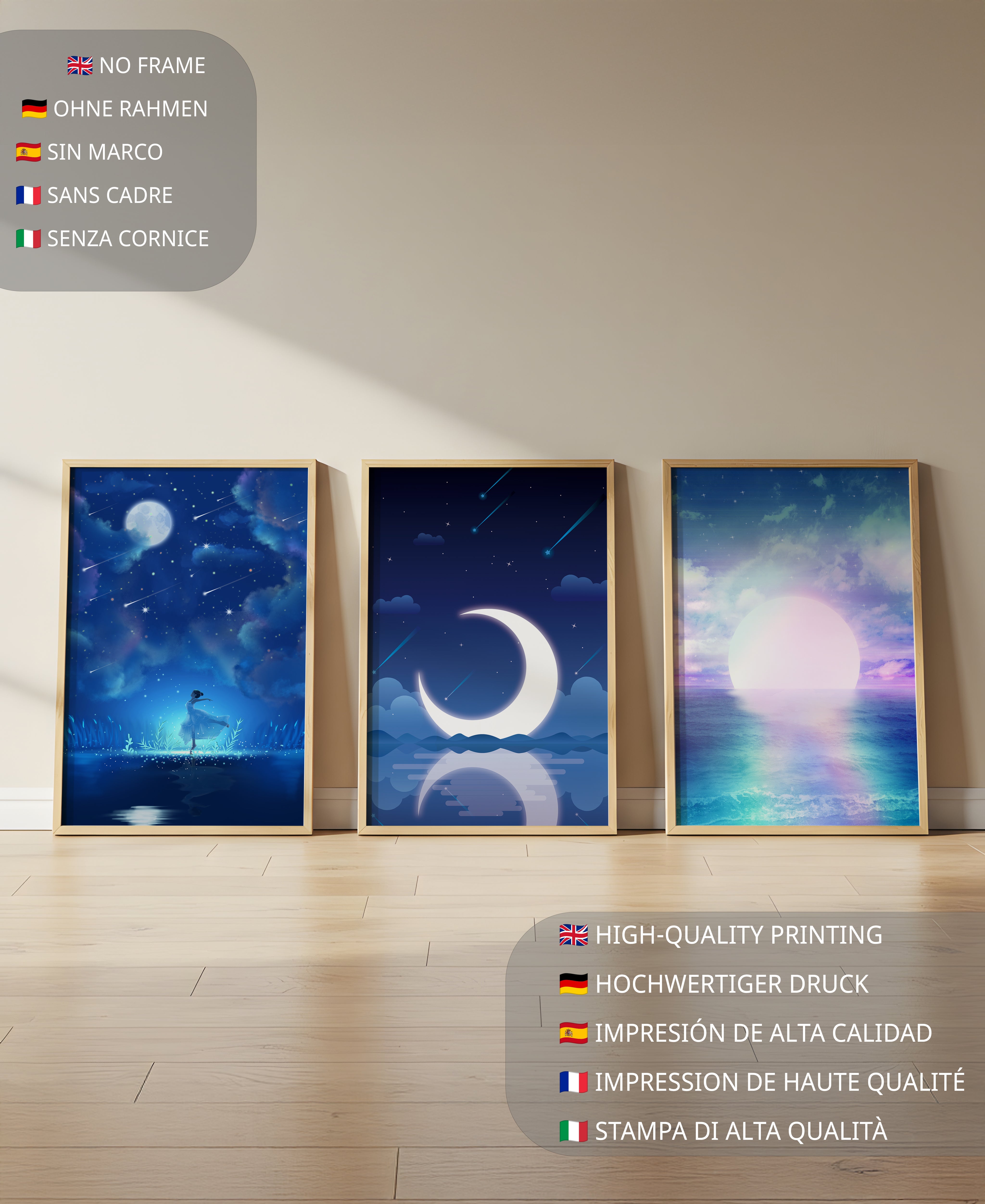 Conjunto de Tres Impresiones de Arte con Temática Nocturna y Paisajes de Ensueño