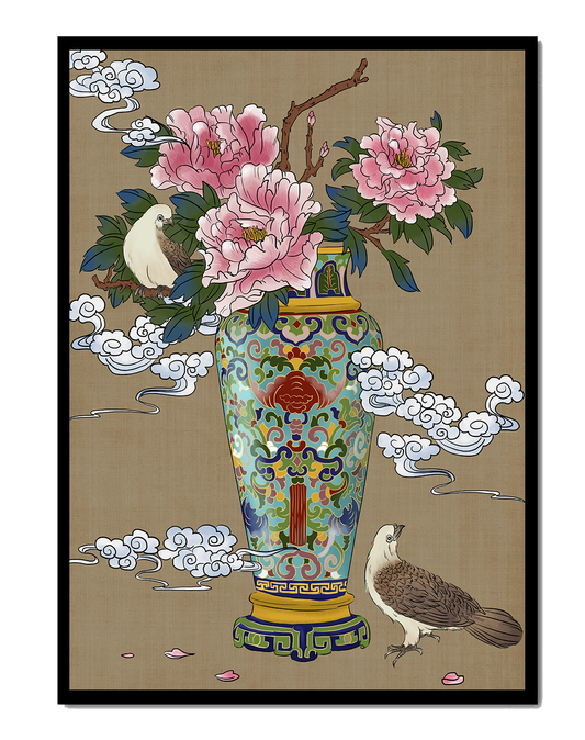 Elegante jarrón de estilo asiático con peonías y pájaros