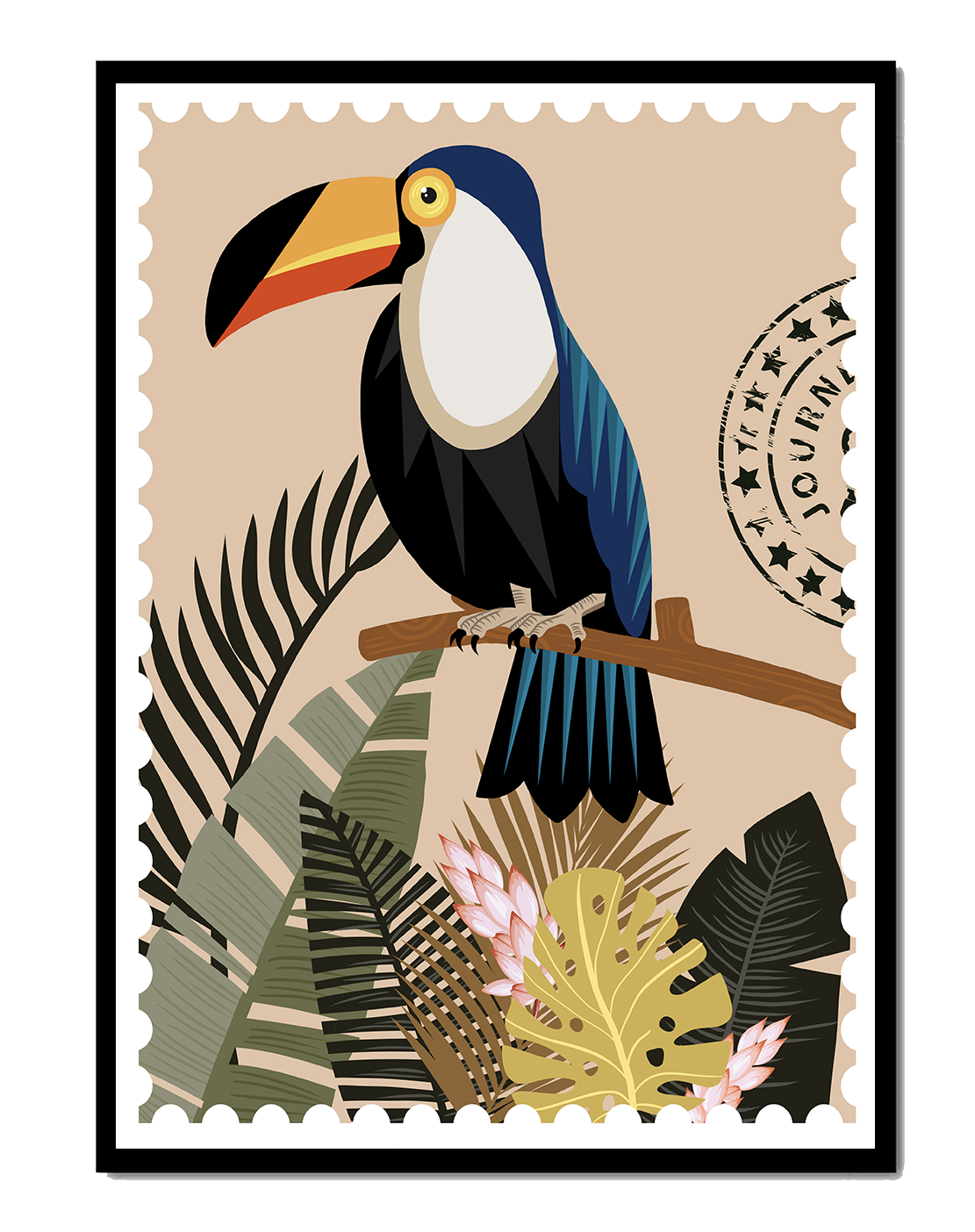 Colorful Toucan Surrounded by Tropical Leaves with Travel Stamp
