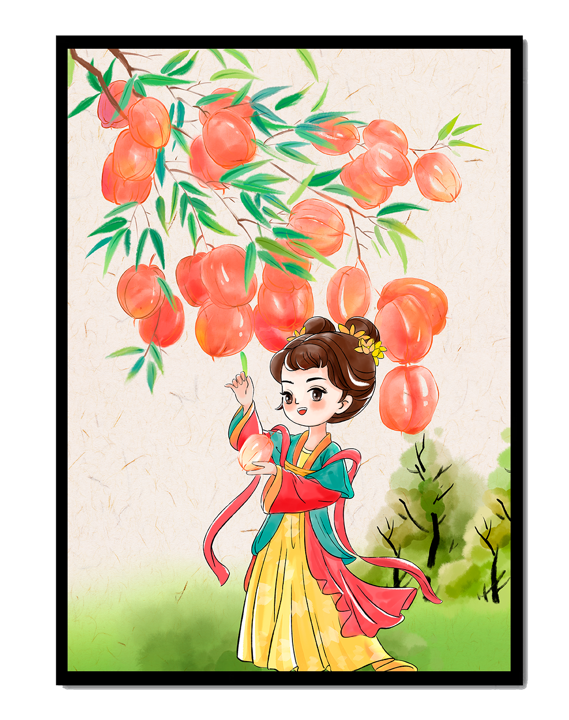 Charmante scène d'une fille en tenue traditionnelle avec des pêches