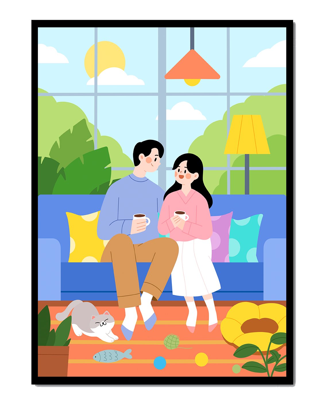 Cozy living room scene with couple and playful cat