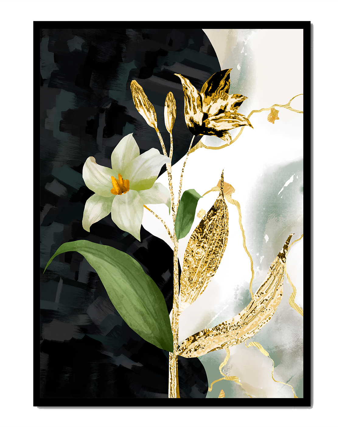 Diseño floral abstracto con acentos dorados y oscuros