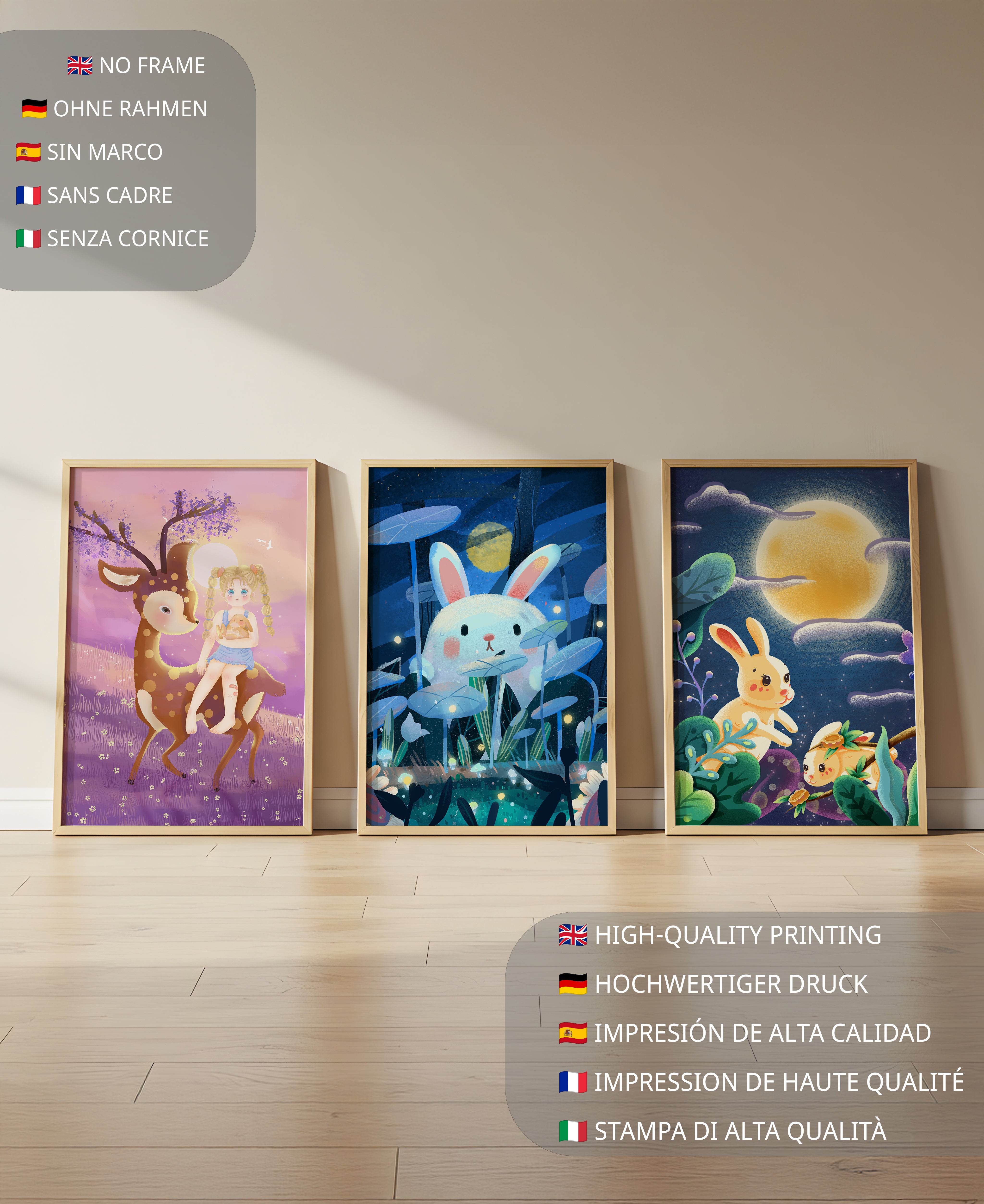 Conjunto de Lienzos Infantiles con Animales y Paisajes Fantásticos