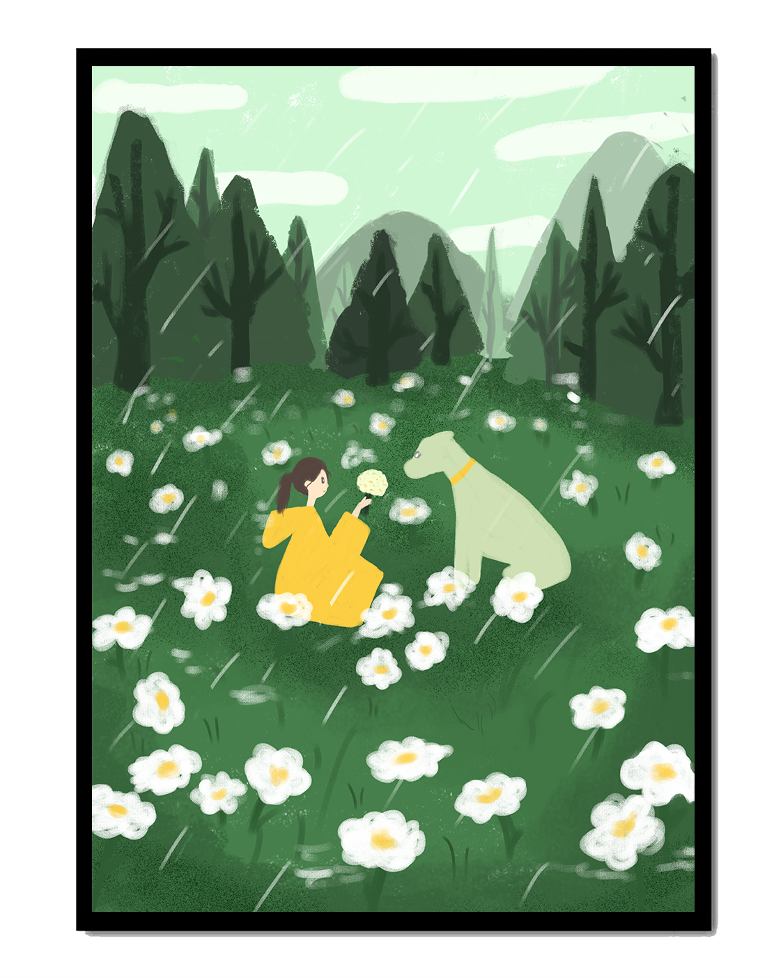 Woman and Dog in a Serene Rainy Meadow with Flowers