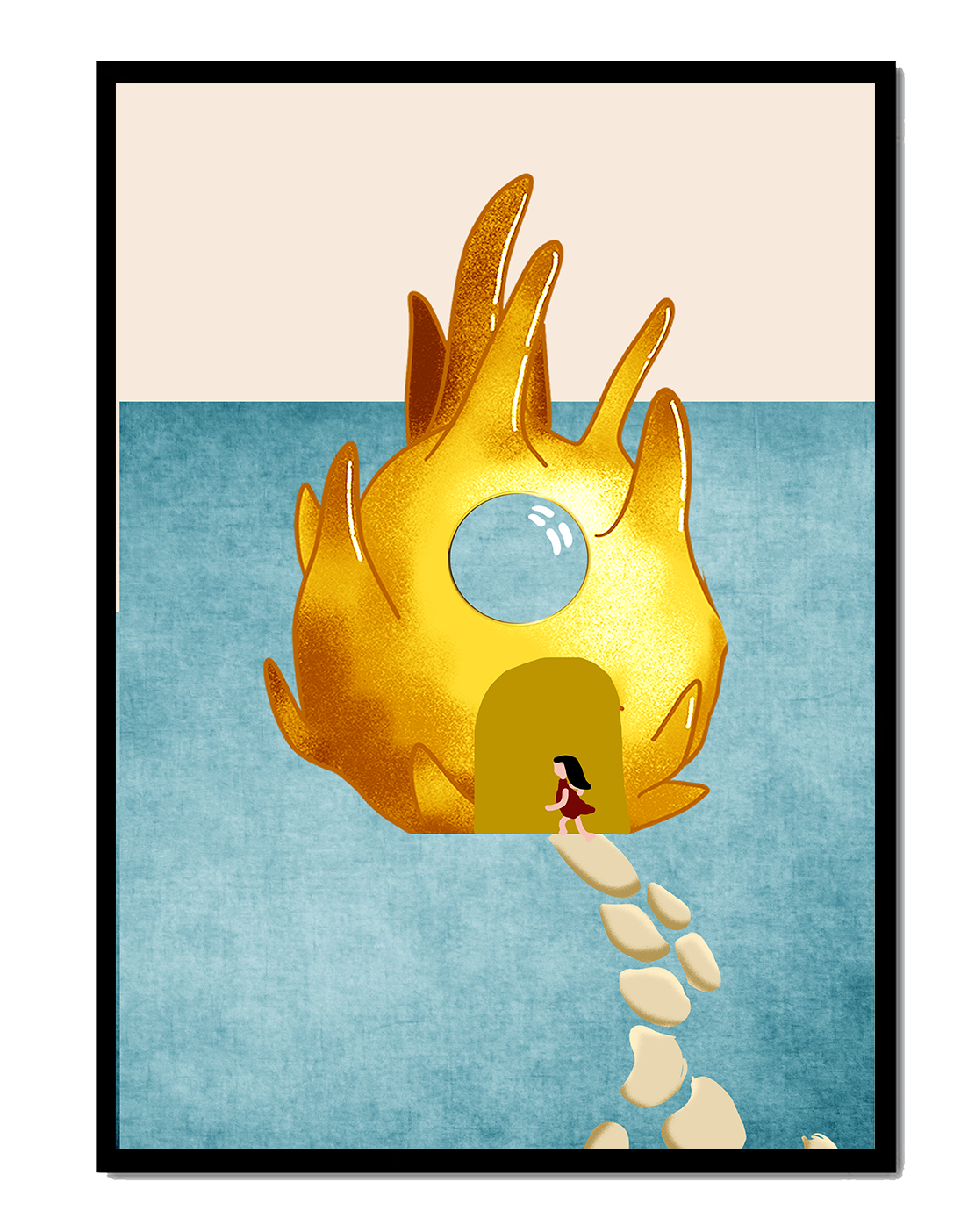Enchanted House With Golden Flame Shape On Light Blue Background