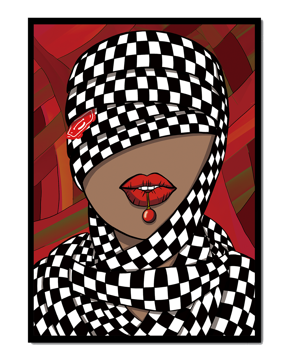 Abstract Art of Woman with Checkered Pattern and Red Lips