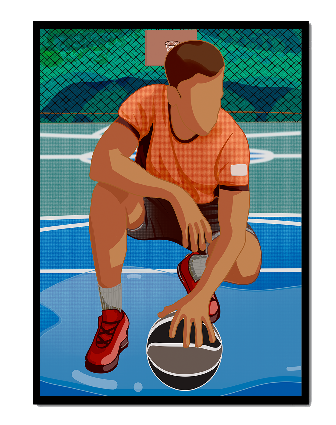 Illustration of a basketball player on a court in a dynamic pose