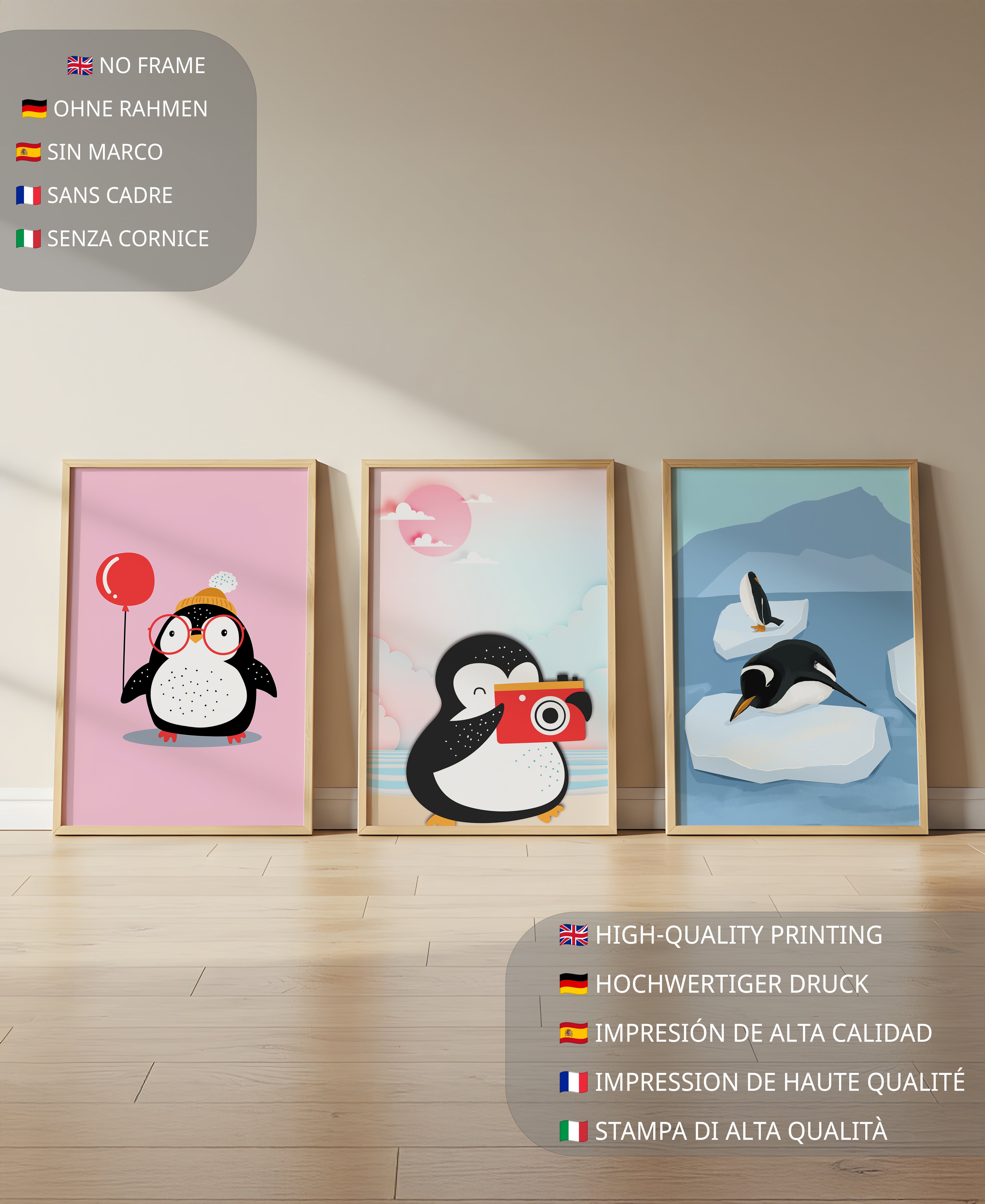 Conjunto De Tres Dibujos De Pingüinos Con Estilo Lúdico Y Colores Pastel