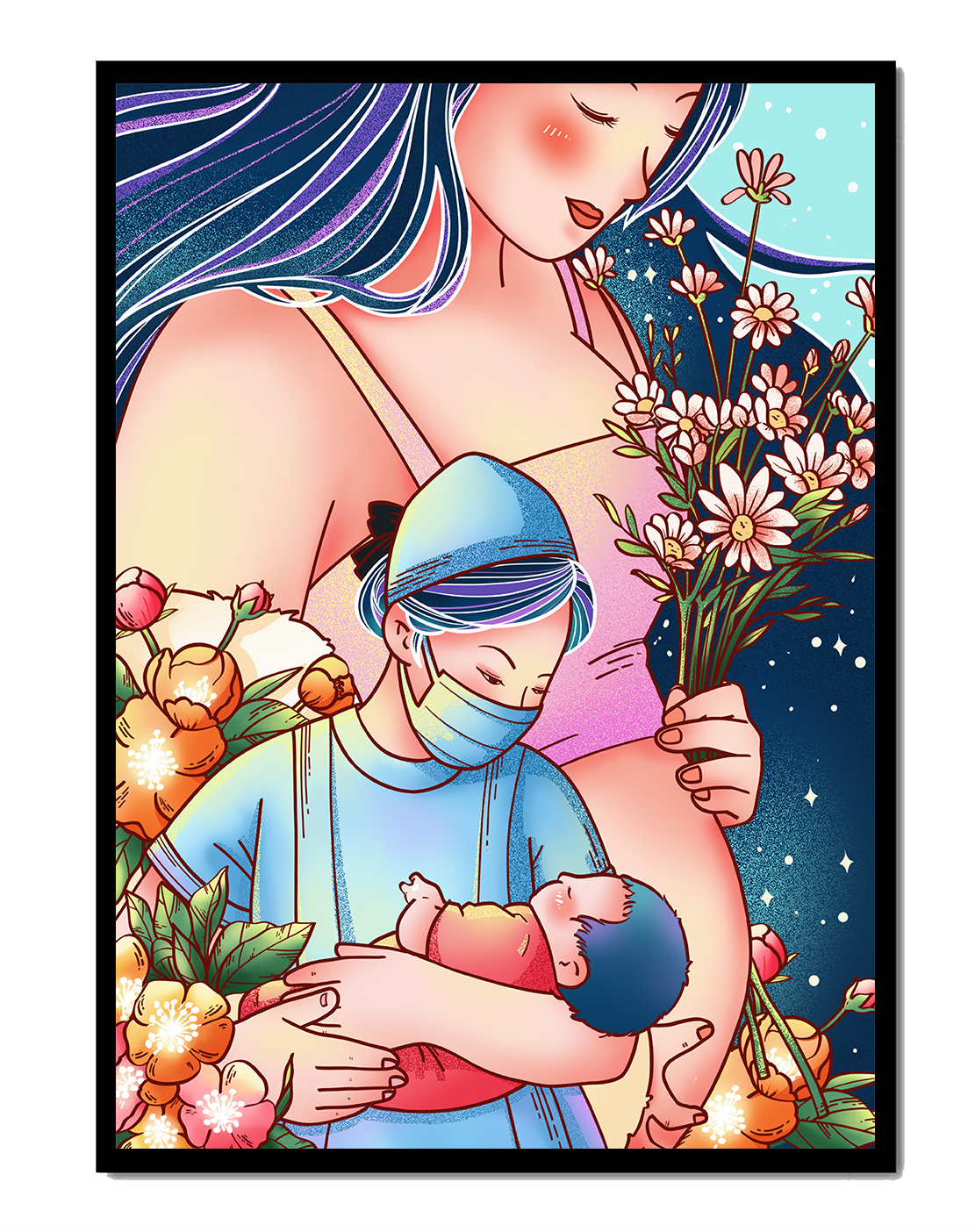 Mother and Baby Surrounded by Flowers in a Dreamy Landscape